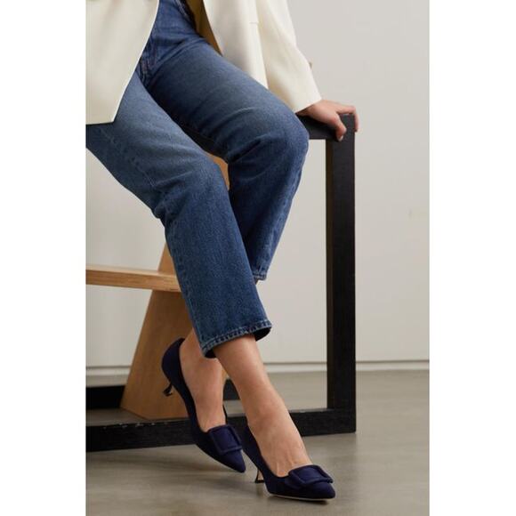 Manolo Blahnik Maysale Suede Buckle Pumps in Navy - Picture 1 of 14